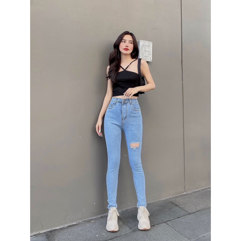 Quần jean nữ lưng cao, ôm dáng rách gối cá tính QD004 - K.A Jeans