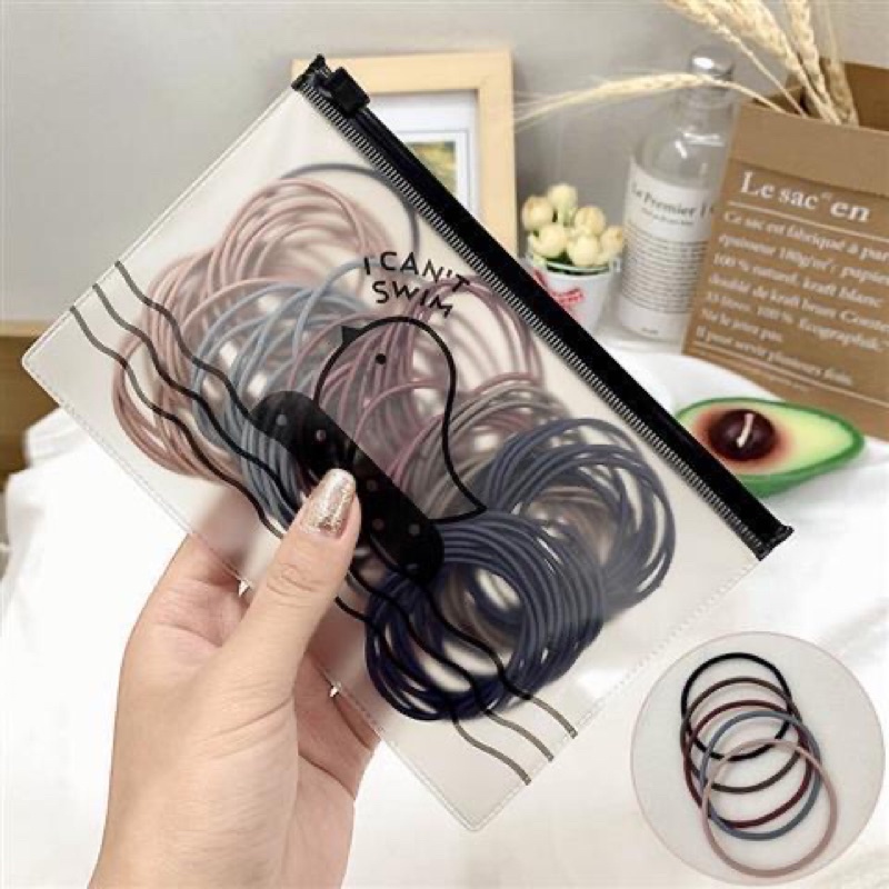 COMBO  100 chun buộc tóc kèm túi Zip - thun cột tóc trơn nhiều màu cho bạn gái