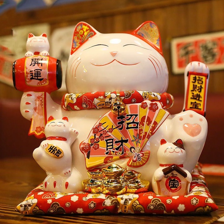 Mèo Thần Tài Vẫy Tay 27cm Mèo May Mắn Tài Lộc Maneki Neko Nhật Bản Bằng Gốm Sứ Cao Cấp