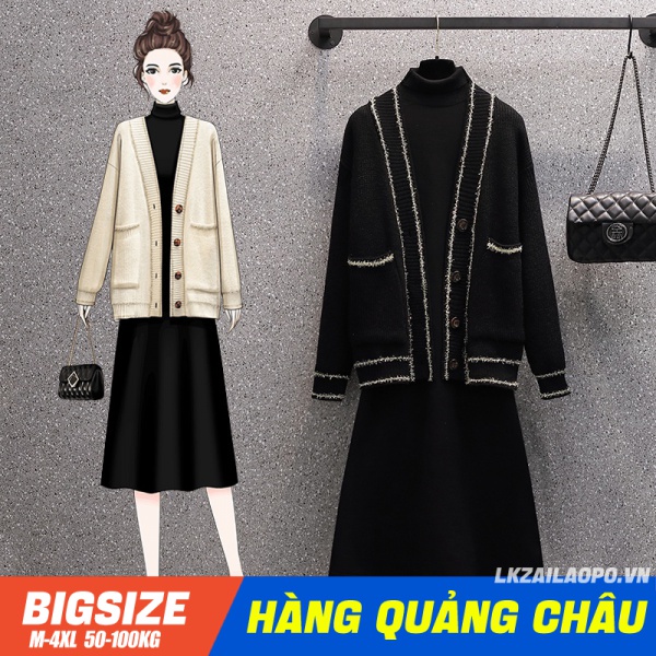 BIGSIZE(45-100KG)Set Bộ đồ nữ Áo sweater nữ len khoác cardigan form rộng đen tay dài Kết Hợp Đầm len dệt kim xinh đẹp - quảng châu cao cấp