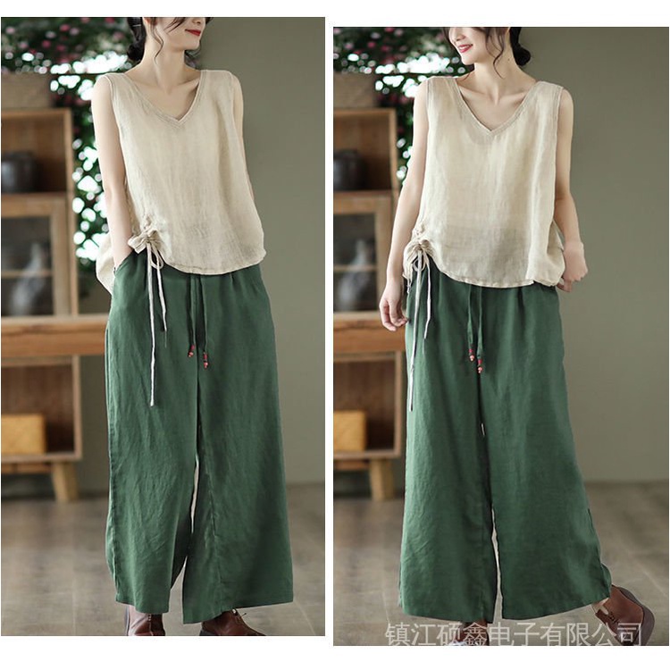 Áo Cotton Lanh Không Tay Dáng Rộng Cổ Chữ V Phối Dây Rút Phong Cách Mới Cổ Điển