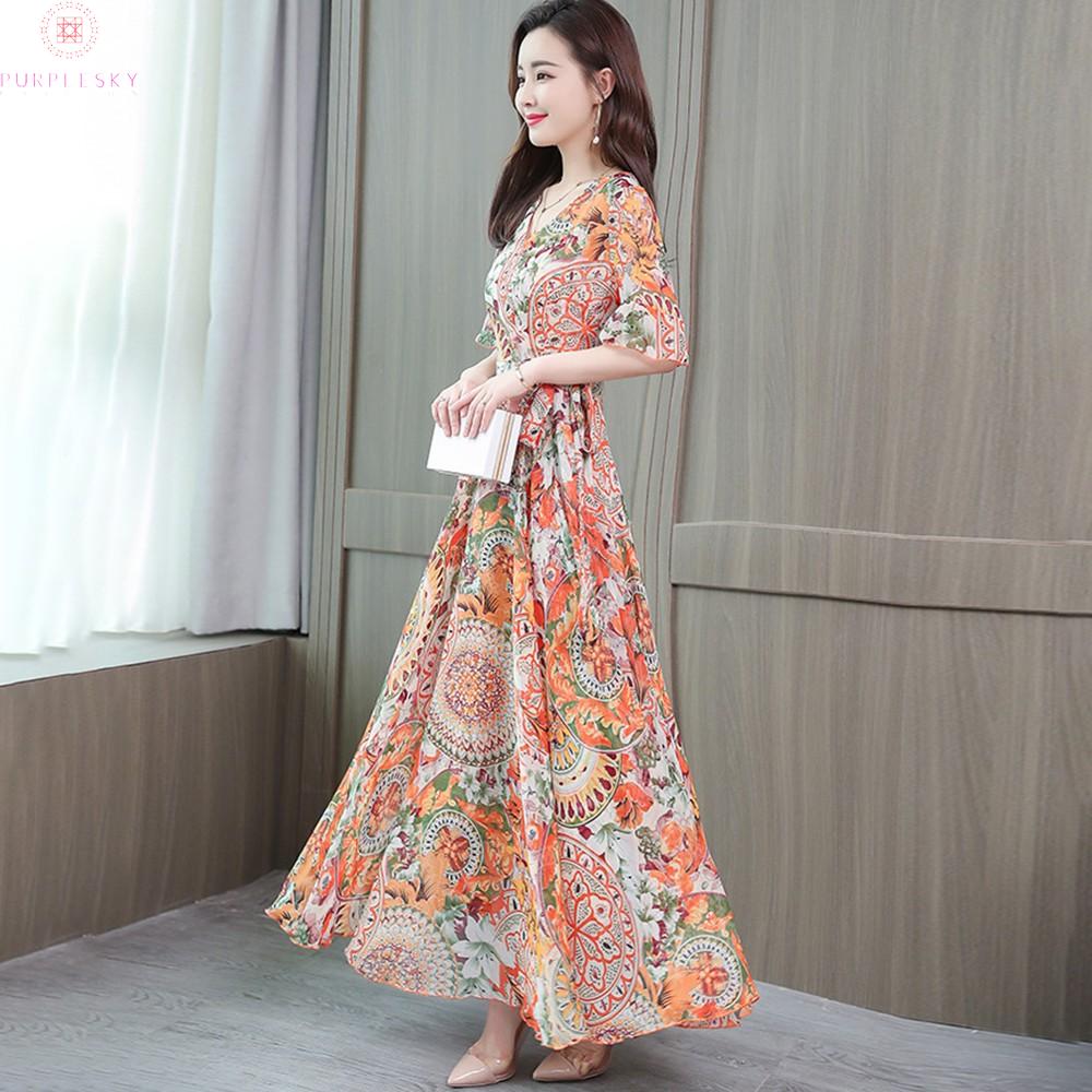 Đầm Maxi Tay Ngắn Hoạ Tiết Hoa Có Size Lớn