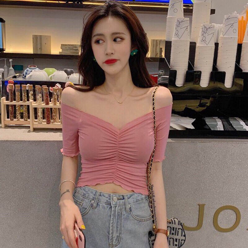 Áo croptop dệt tim tay ngắn cổ V