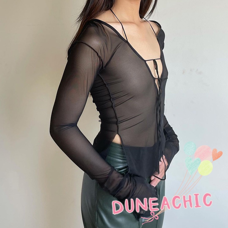 DUNEA Áo Kiểu Tay Dài Phối Lưới Xuyên Thấu Quyến Rũ Cho Nữ