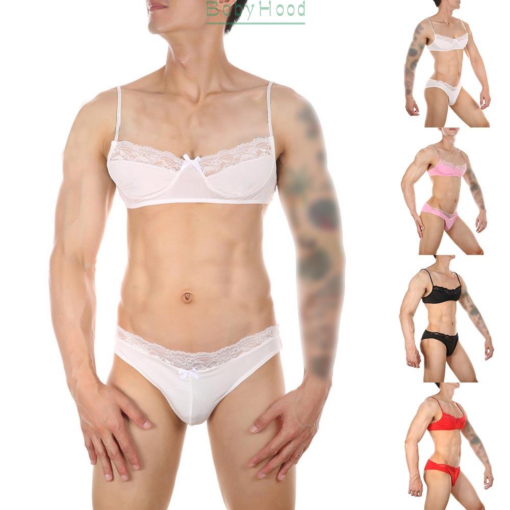 Men Sissy Gay Sexy Lace G-String Bikini Underwear Bra Top Panties Underpants Set#BBHOOD
