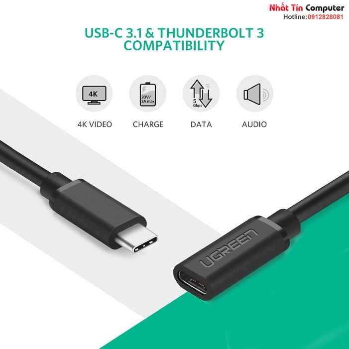 Cáp nối dài USB Type-C  dài 0,5m chính hãng Ugreen 40574 cao cấp