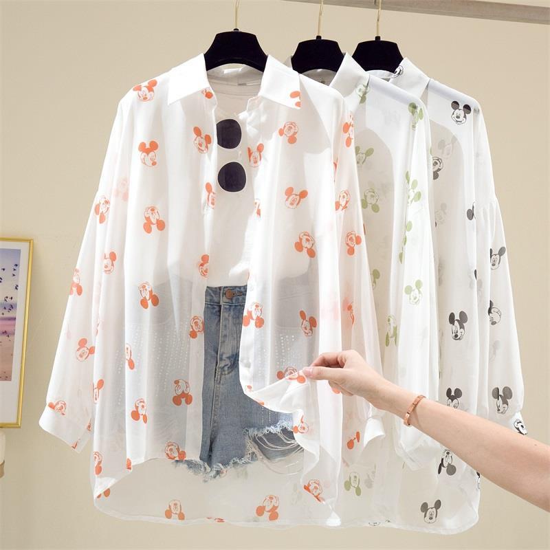 Áo Sơ Mi Tay Dài Dáng Rộng Chống Nắng In Họa Tiết Hoạt Hình Mickey Phong Cách Hàn Quốc Thời Trang Cho Nữ