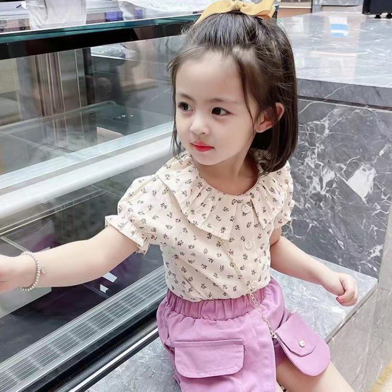 Set Bộ + Túi Bé Gái 6-18kg Áo Cổ Bèo Đũi Hoa Nhí Mềm Quần Thô Giả Váy, Bộ Đi Chơi, Đi Học Cho Bé - AN.KID