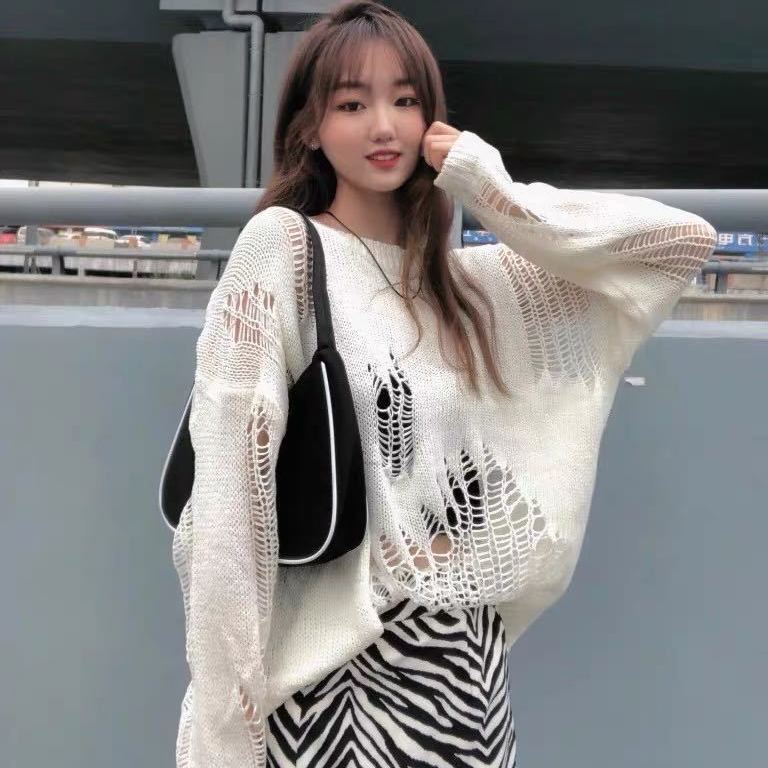 Jiashucheng Áo Sweater Dệt Kim Mỏng Tay Dài Dáng Rộng Rách Lỗ Phong Cách Mới Cho Nữ