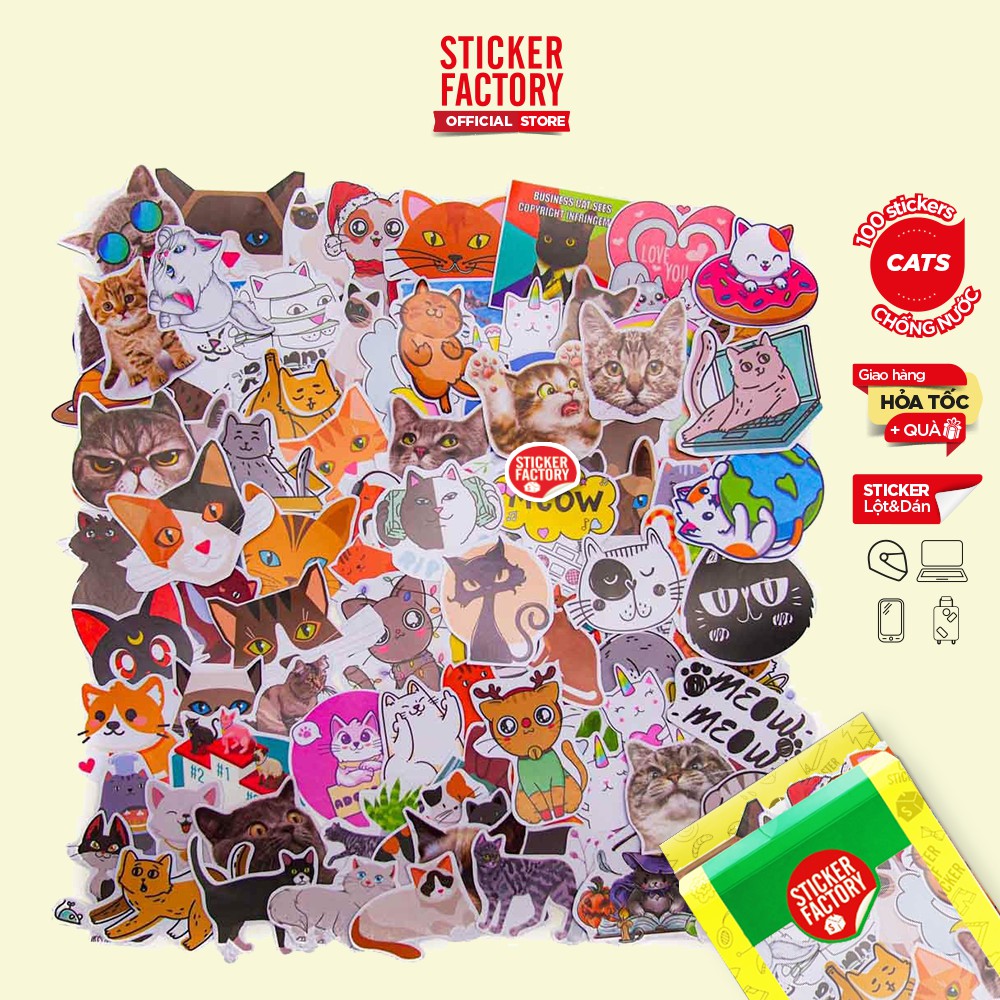 MÈO CATS - hộp set 100 sticker decal hình dán dễ thương, trang trí nón bảo hiểm , laptop, xe máy, ô tô - STICKER FACTORY