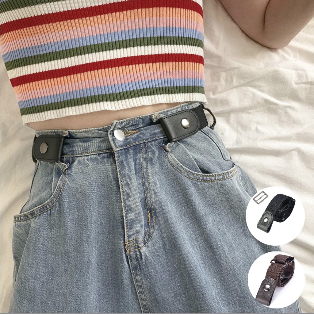 Thắt lưng lười dây chun có nút Thắt lưng khuy cài bấm màu trơn điều chỉnh lưng quần Jean