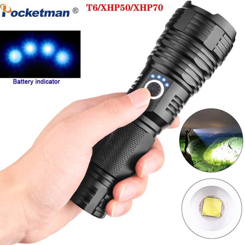 Most Powerful XHP70.2 LED Flashlight XHP50 Rechargeable USB Zoomable Torch T6  Lamp for Camping