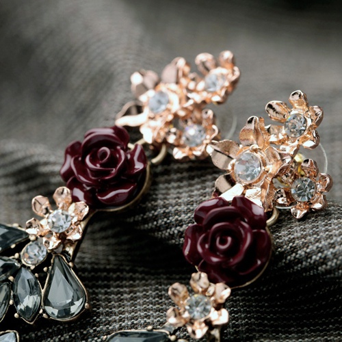 Khuyên tai đơn thiết kế hình hoa hồng đính đá quý nhân tạo sang trọng dành cho nữ