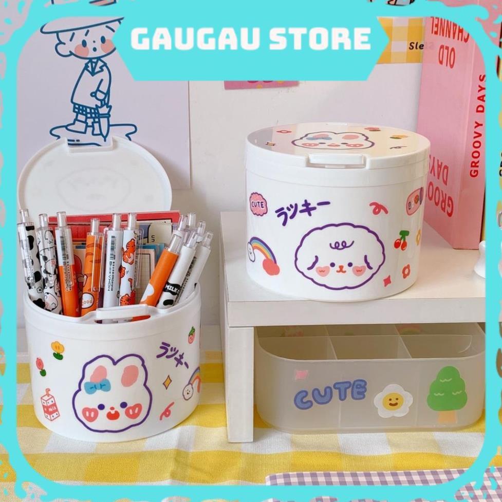 Thùng Rác Mini, Thùng Đựng Đồ Hình Tròn Đa Năng Có Nắp Để Bàn