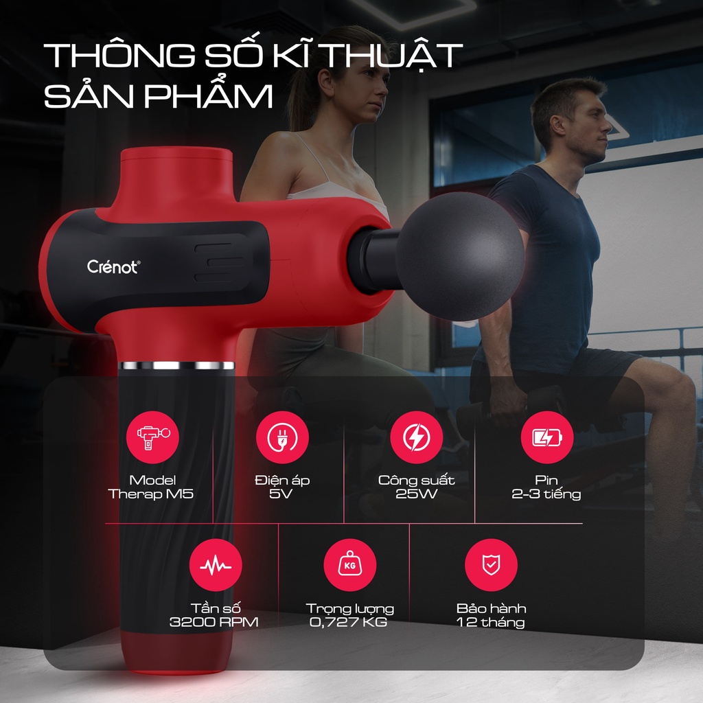 Súng massage cầm tay Crenot Therap M5 máy matxa thư giãn giảm đau nhức toàn thân với 6 đầu mát xa cao cấp và 20 cấp độ