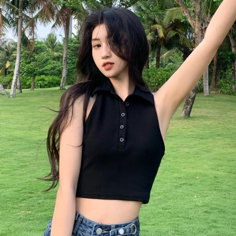 Áo Croptop Nữ 3 Lỗ,Áo Croptop Nữ Sát Nách Cổ Bẻ 2 Màu