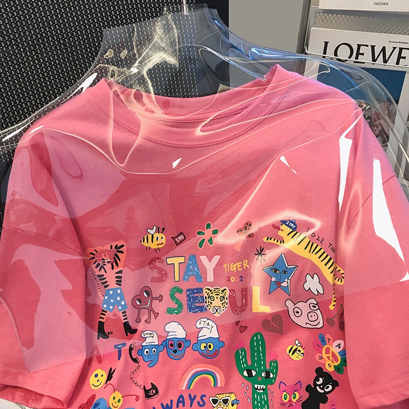 Áo Thun Cổ Tròn In Chữ Và Họa Tiết Hoạt Hình Thời Trang Mùa Hè Cho Nữ Mới