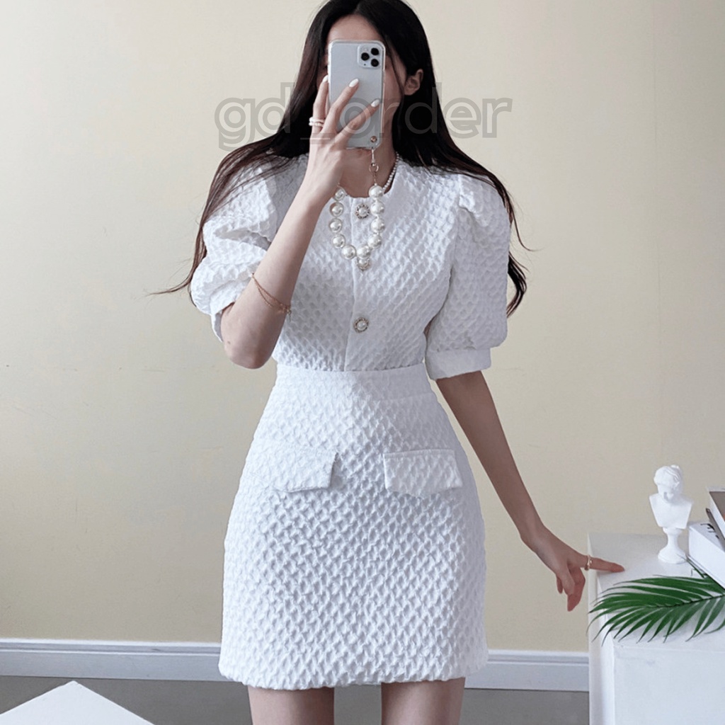 B60|Set bộ nữ sang trọng áo tay phồng thanh lịch đính ngọc, váy cạp cao ôm body màu trắng, đen gd_order
