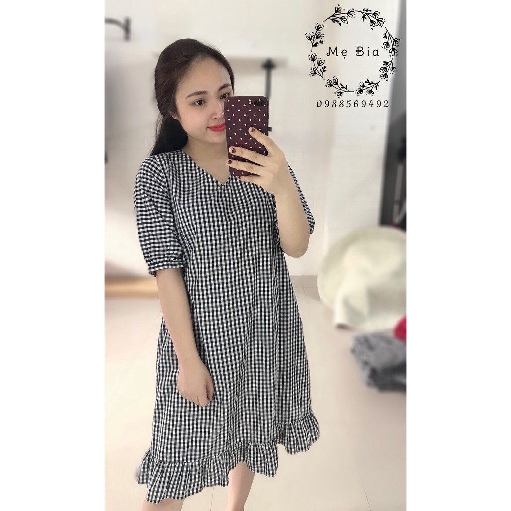 Đầm Bầu Công Sở - Váy Bầu GUME Kẻ caro đen đuôi cá nhẹ cổ V tay lõ chất vải thô cottob mềm size từ 40-100kg- MB71