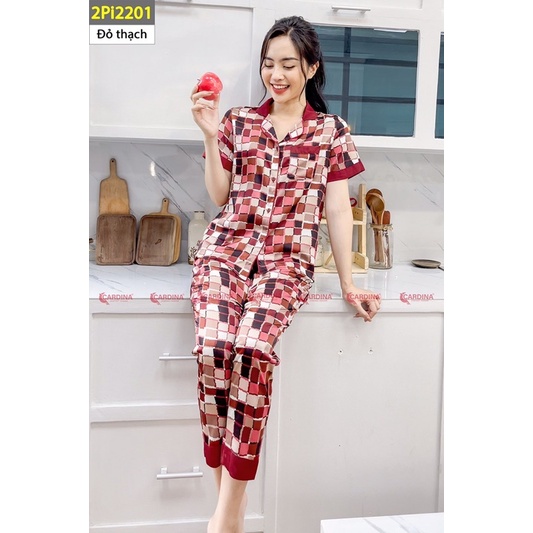 Đồ bộ Pyjama cộc tay quần dài hoạ tiết cao cấp CARDINA mã PI06 chất lụa Satin Nhật co giãn nhẹ