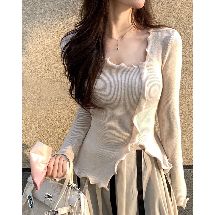 Áo Thun Dệt Kim Tay Dài Màu Sắc Trơn Phong Cách Hàn Quốc