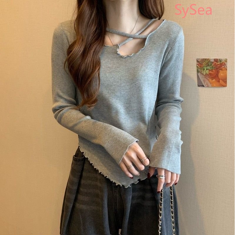 Áo Dệt Kim Thiết Kế Bất Đối Xứng Phong Cách Hàn Quốc Quyến Rũ Cho Nữ