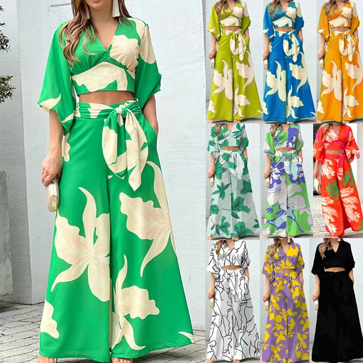 Set Áo Cổ Chữ V Dài Tay + Quần Dài Ống Rộng Lưng Cao Thời Trang Âu Mỹ Cho Nữ