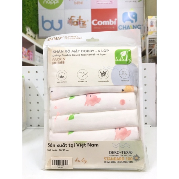 Set 5 khăn xô mặt Dobby 4 lớp Lullaby hoạ tiết xinh xắn, đáng yêu cho bé