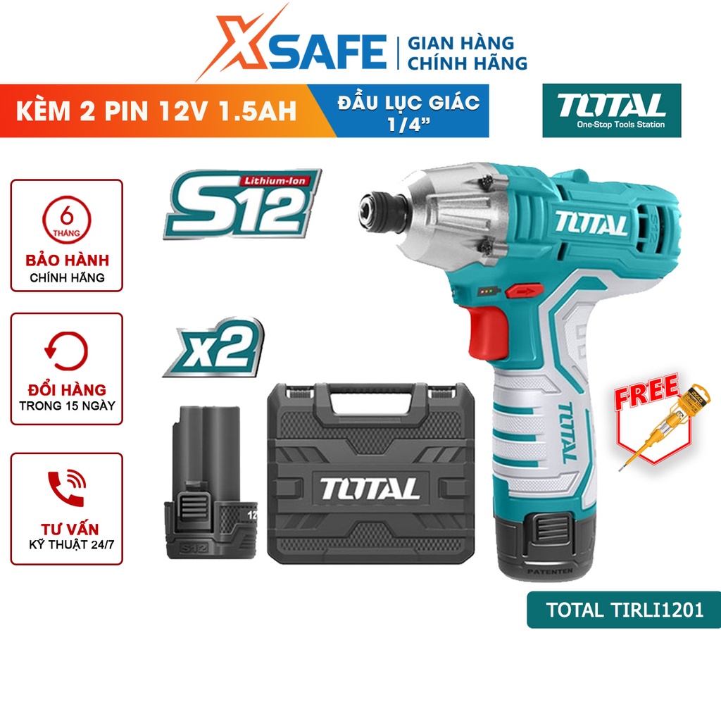 Máy bắn vít mini dùng pin 12V TOTAL TIRLI1201 điện áp sạc 220V tốc độ 2000v/p, tốc độ búa 2800ipm, đầu lục giác 1/4&quot;
