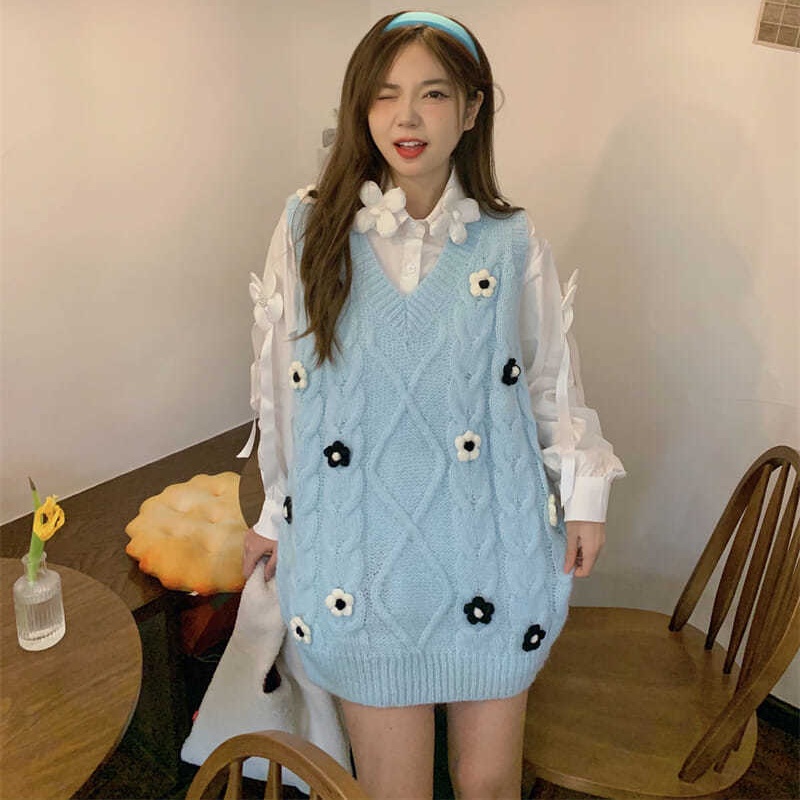 Áo khoác vest dệt kim cổ chữ V thêu hoa thời trang Nhật Bản dễ thương