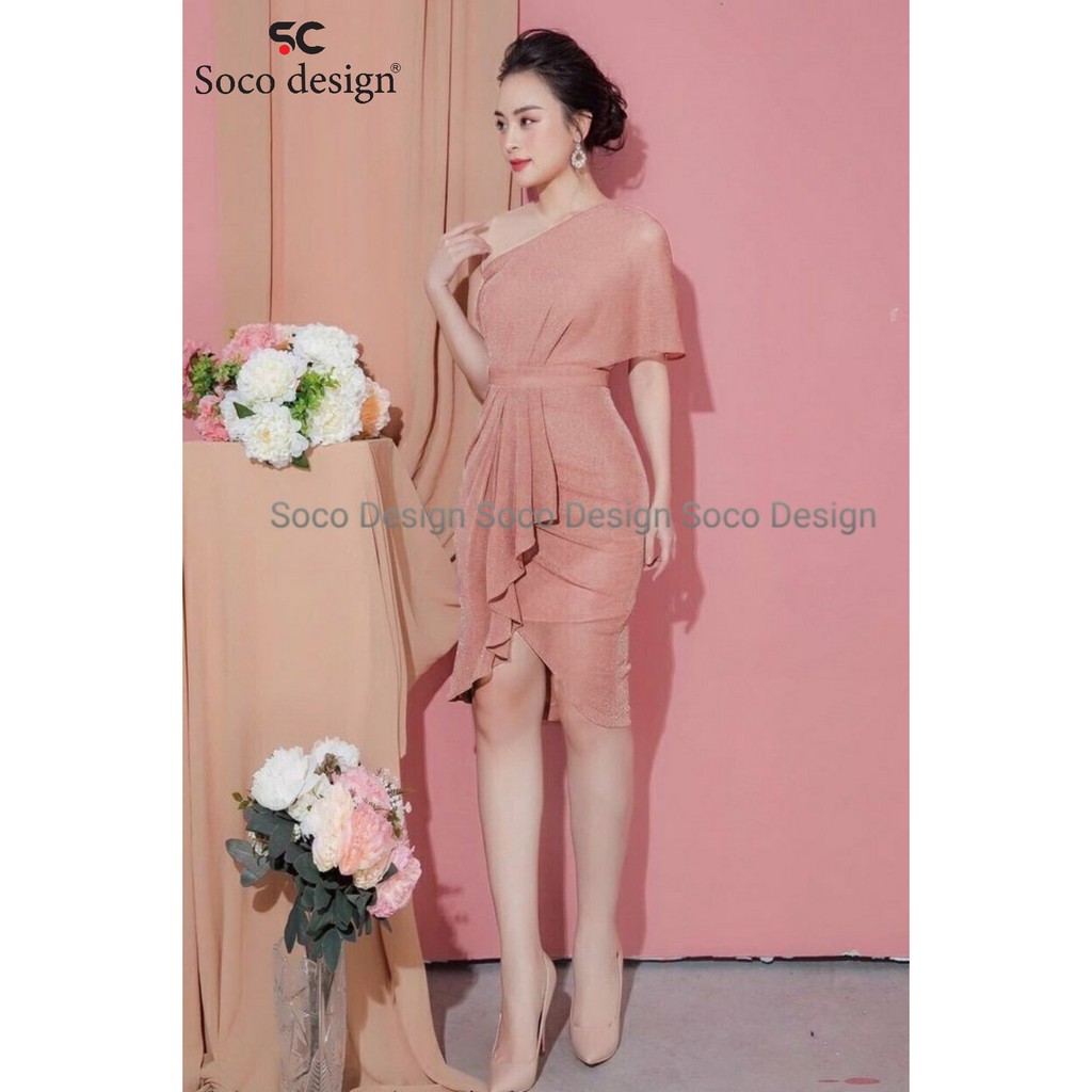 Đầm ôm cổ xéo dún eo cao cấp Soco Design SC23181