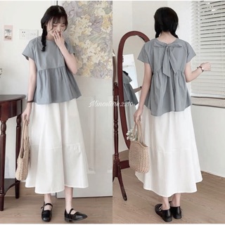 Set áo babydoll nơ lưng mix chân váy trắng