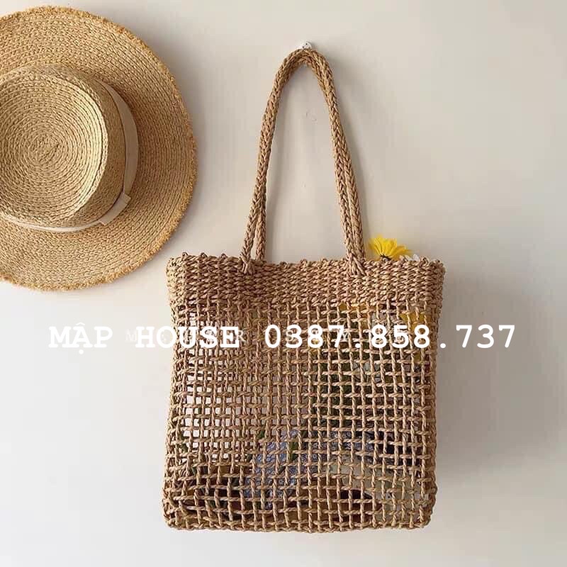 Giỏ cói Tote xách vuông - đan lưới caro thưa - phong cách Vintage