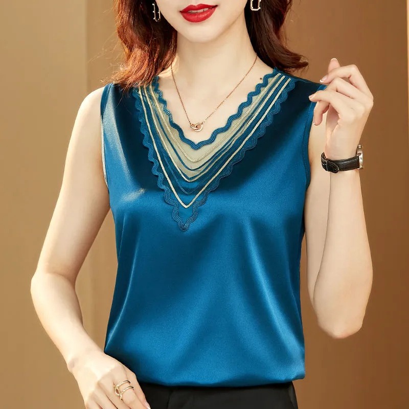 Áo thun sát nách ZHELIHANGFEI vải satin phối ren lưng xinh xắn