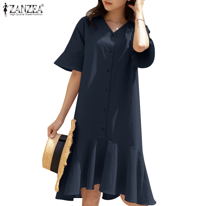 Đầm mini Zanzea tay ngắn cổ chữ V dáng rộng hợp thời trang cho nữ