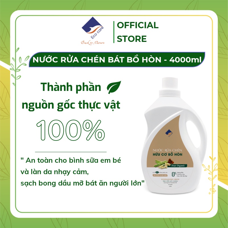Nước rửa chén hữu cơ bồ hòn Ecocare 4000ml, Nước rửa bát hữu cơ tự nhiên sạch sẽ, không hại da tay