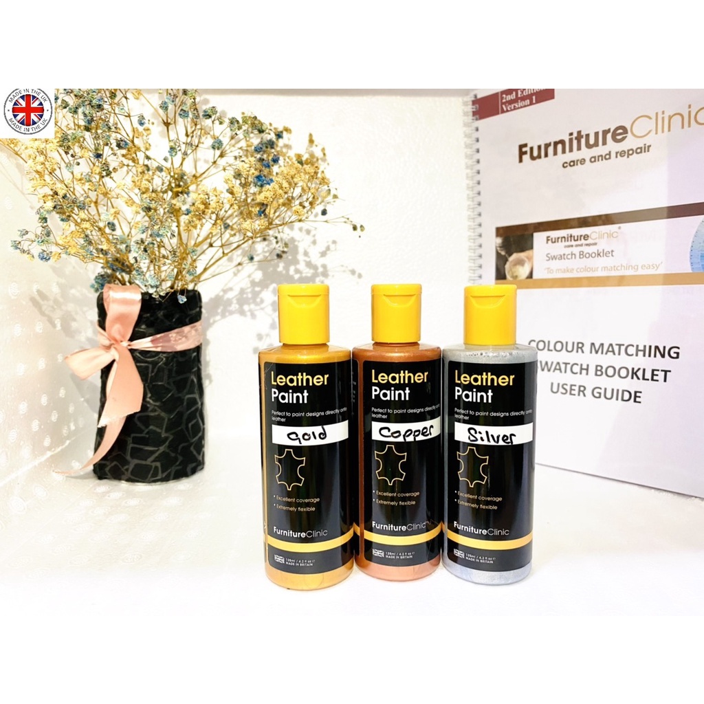 Màu sơn túi da và màu sơn giày da: hiệu ứng nhũ vàng, nhũ bạc và nhũ đồng – Leather Paint 125ml nhập khẩu Anh