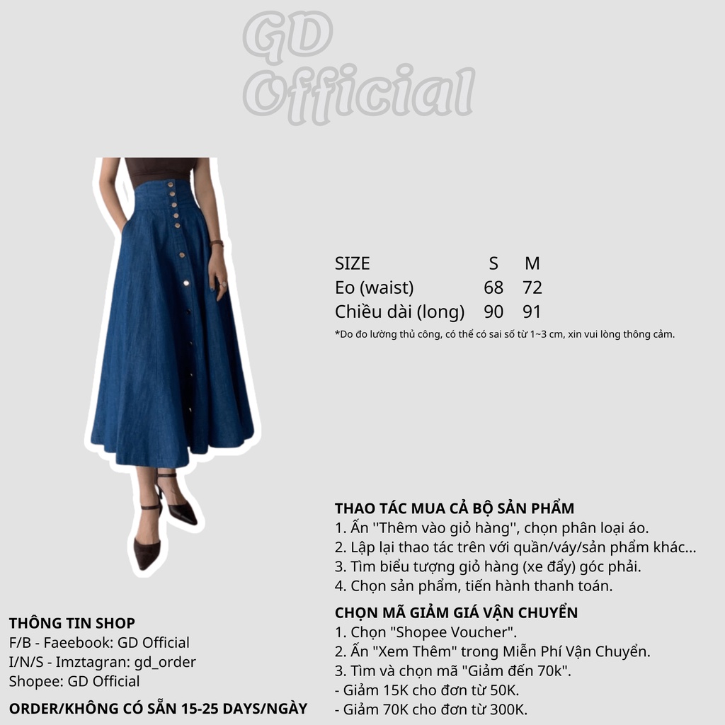 V3|Váy denim hàng cúc xòe lớn dáng dài cho nữ thanh lịch, công sở nhẹ nhàng màu xanh GD Official