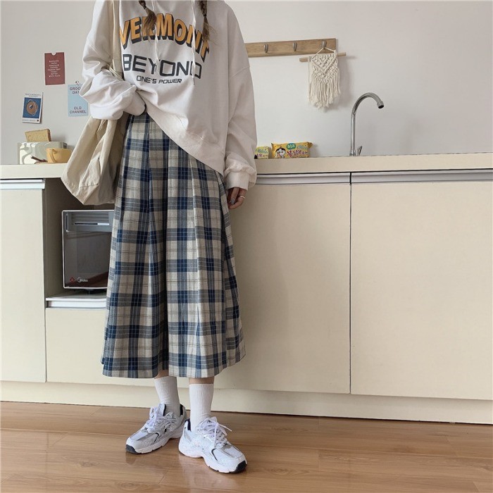 Chân váy midi xòe dài xếp ly kẻ sọc caro vintage mùa thu