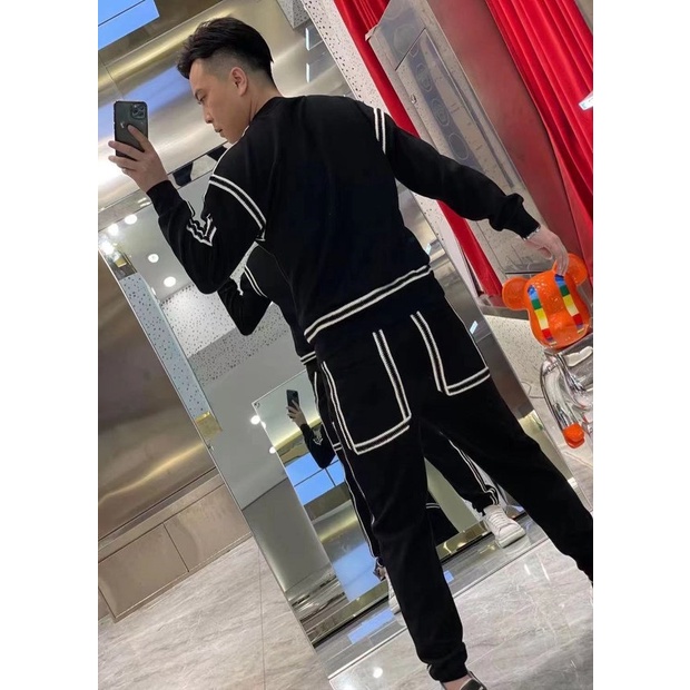 Bộ thể thao nam thu đông Bộ nỉ nam Quần áo thu đông nam màu đen dài tay có cổ cao cấp hàn quốc viền trắng