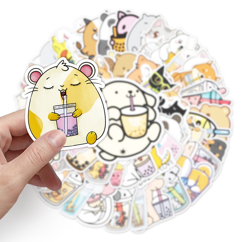 Combo 30 Sticker Hình Dán Chống Nước Decal Điện Thoại Laptop Nón Mũ Bảo Hiểm Vali Đàn Bình Nước Sổ [THÚ CƯNG TRÀ SỮA]