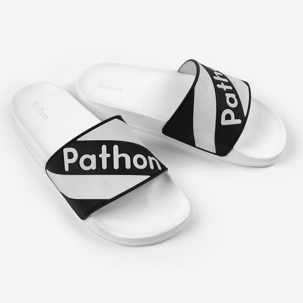Dép nam nữ quai ngang slipper Pathon quai PVC và đế PU trắng quai sọc chéo đen trắng in chữ Pathon SD52