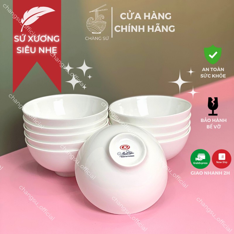 Bộ bát cơm sứ siêu nhẹ trắng trơn khử mùi - Set 6 và 10 chén ăn cơm sứ xương siêu nhẹ Minh Châu - Vỡ 1 đổi 1