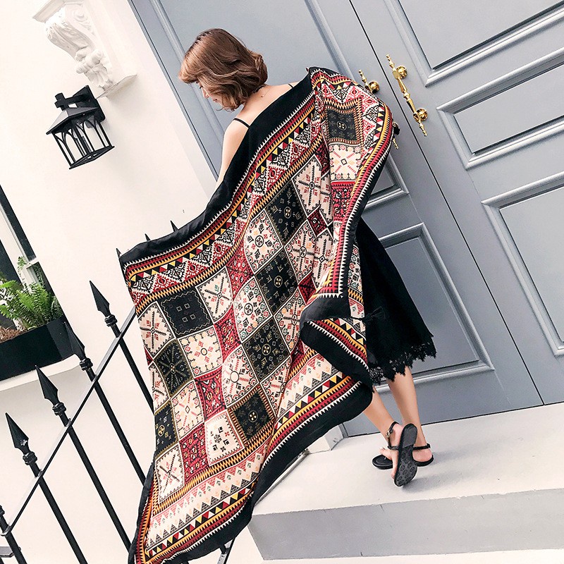 Khăn choàng boho đi biển họa tiết thổ cẩm ô vuông xinh xắn đa năng che nắng chụp hình 180x90cm - Mã VS009