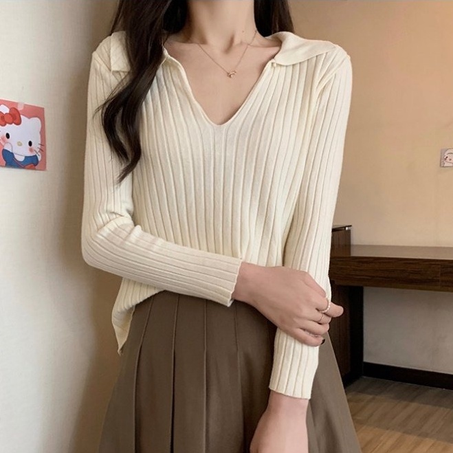 Áo Dệt Kim Nữ Dài Tay Cổ Chữ v Sọc Ngang Thời Trang