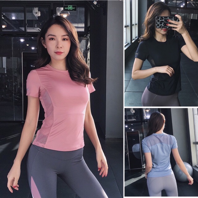 Áo Thun Tập Gym Tập Yoga Nữ ❤️𝐇𝐀̀𝐍𝐆 𝐗𝐈̣𝐍❤️ Áo Thun Thể Thao Nữ Phối Lưới Ôm Body Siêu Tôn Dáng Đồ Giá Rẻ GYMSTORE 040