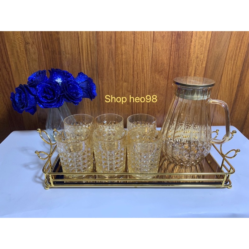 Set 6 Cốc Thủy Tinh Màu Hổ Phách 🌼 Bình Thuỷ Tinh họa tiết kim cương màu hổ phách