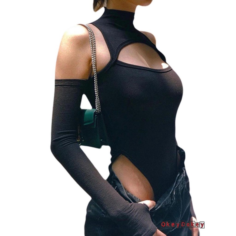 Bộ áo liền quần cổ cao tay dài hở vai màu trơn thời trang cho nữ | WebRaoVat - webraovat.net.vn