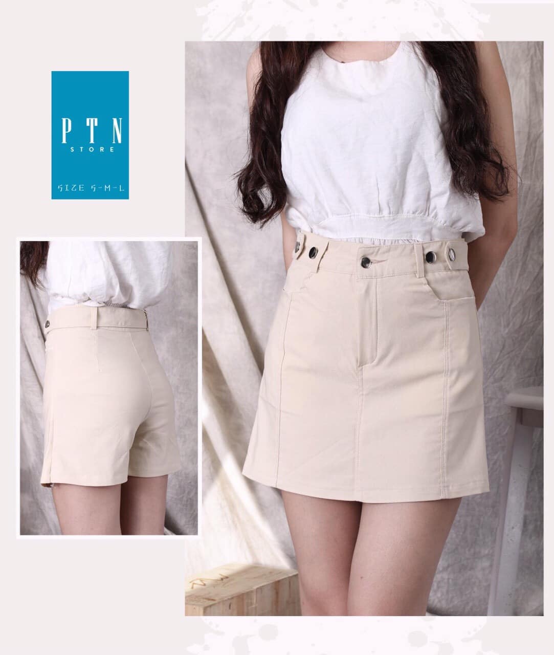 Quần short nữ giả váy vải thô cạp đính khuy phong cách cao cấp Q024