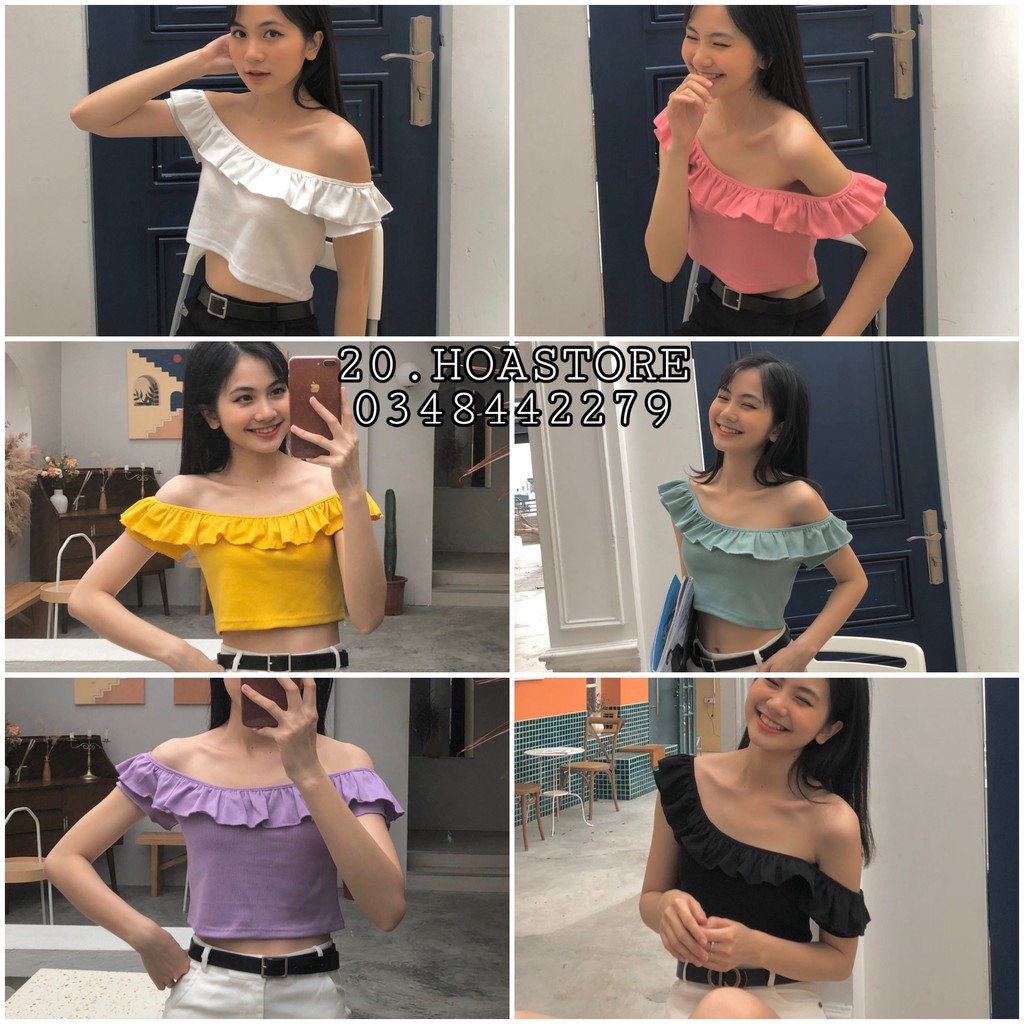 ÁO CROPTOP TRỄ VAI VIỀN BÈO MẶC 2 KIỂU CHẤT LEN TĂM ULZZANG 6 MÀU ĐEN TRẮNG VÀNG HỒNG TÍM XANH